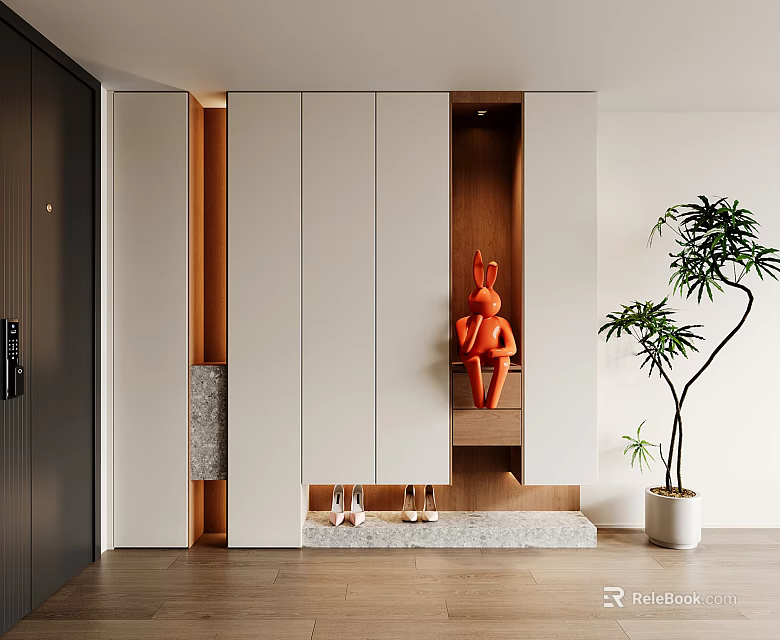 Modern Shoe Cabinet With White Panels Wooden Elements And Orange Decor 3d model 