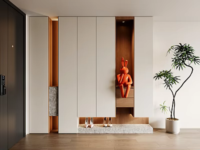 Modern Shoe Cabinet With White Panels Wooden Elements And Orange Decor 3d model