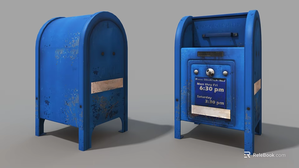 Public Facility Blue Mailboxes With Rusty Appearance And Saturday Pickup Time 3d model 