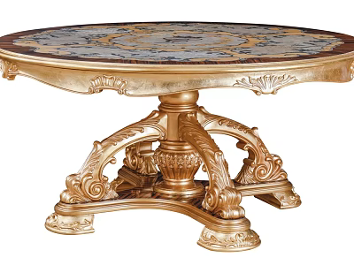 Elegant Round Dining Table With Intricate Marble Top And Gold Ornate Base 3d model