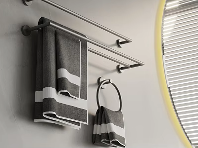 Modern Bathroom Accessories With Towel Racks Gray White Striped Towels Round Ring And Illuminated Mirror 3d model