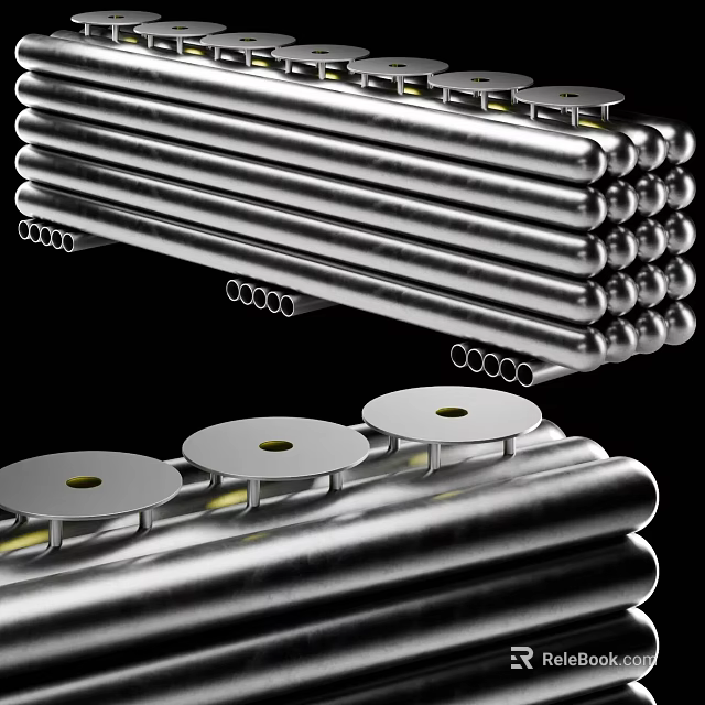 Shiny Silver Metal Pipes Stacked With Industrial Components And Circular Ends 3d model 