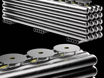 Shiny Silver Metal Pipes Stacked With Industrial Components And Circular Ends 3d model