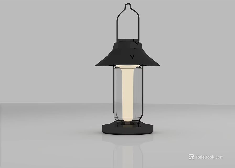 Black Lantern Style Table Lamp with Hanging Hook Transparent Shade Illuminated Bulb on Smooth Surface 3d model