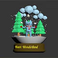 Snow Wonderland Scene With Round Base Cartoon Figure Green Trees Clouds And Snowflakes