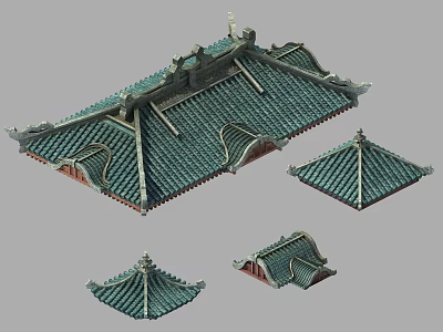 Traditional Chinese Architectural Roof Components With Green Tiles And Various Styles 3d model