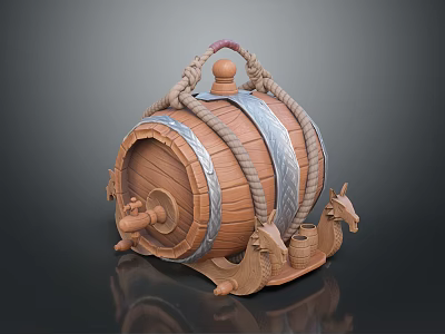 Wooden Barrel Shaped Household Decor With Rope Wrapped Metal Hoops Faucet And Animal Heads 3d model