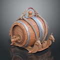 Wooden Barrel Shaped Household Decor With Rope Wrapped Metal Hoops Faucet And Animal Heads