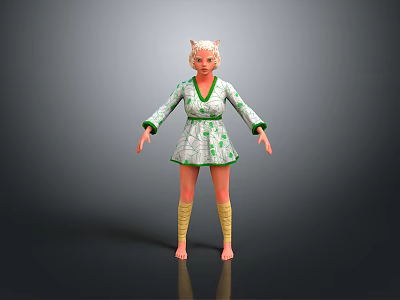 Green and White Patterned Casual Dress with Yellow Long Socks for Daily Wear 3d model