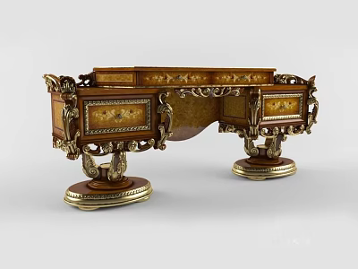 Classic Wooden Dressing Table With Intricate Carved Details And Gold Accents 3d model