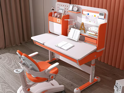Orange and White Kids Adjustable Desk with Matching Chair and Storage Shelf 3d model