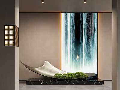 Interior Landscape Design With Waterfall Backdrop Curved White Ornament Green Plants And Black Marble Base 3d model