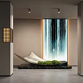 Interior Landscape Design With Waterfall Backdrop Curved White Ornament Green Plants And Black Marble Base