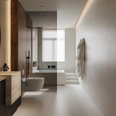 Modern Bathroom Interior Design With Bathtub Toilet Vanity And Hanging Robe 3d model