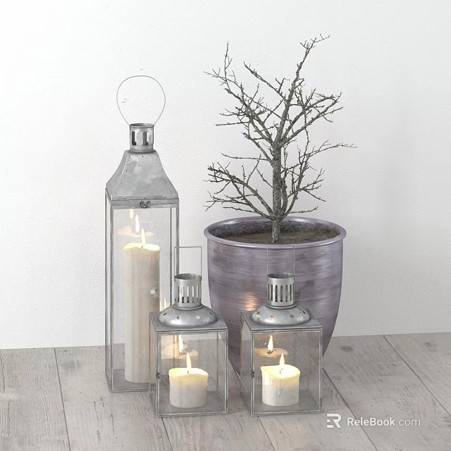 Metal Lanterns with Burning Candles and Potted Tree on Wooden Floor 3d model 