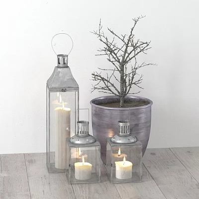 Metal Lanterns with Burning Candles and Potted Tree on Wooden Floor 3d model