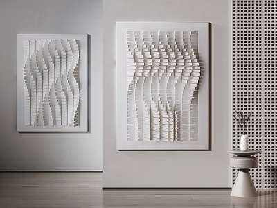 White Wavy Decorative Artworks On Wall With Perforated Panel And Small Pedestal Table 3d model