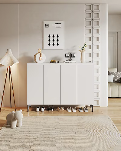 White Shoe Cabinet in Modern Living Entryway with Decorative Vase Lamp and Shoes Underneath 3d model