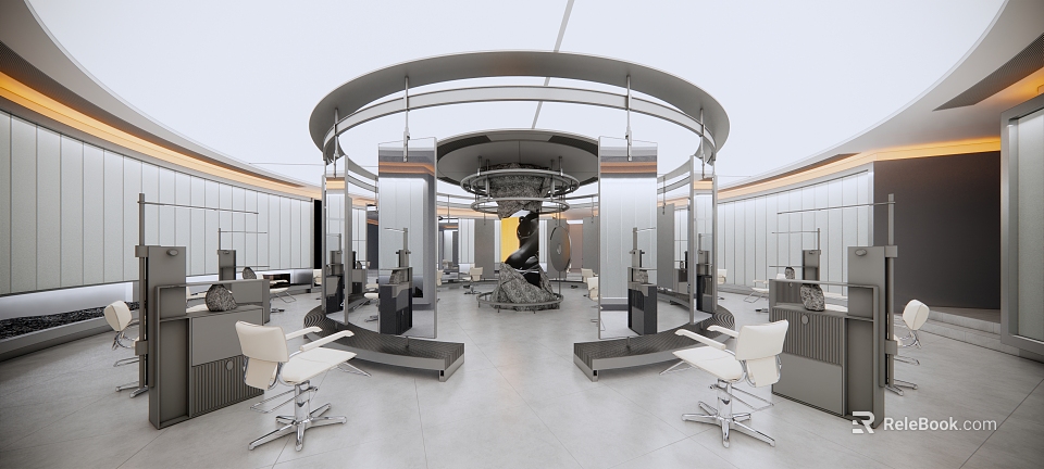 Modern Hair Salon Interior With Circular Design Mirrored Walls And White Styling Chairs 3d model 