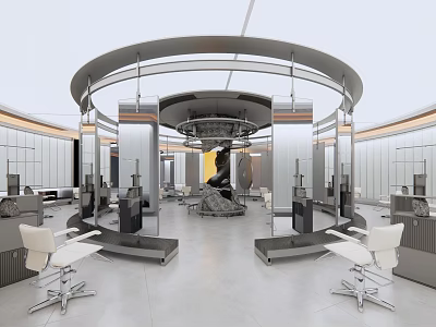 Modern Hair Salon Interior With Circular Design Mirrored Walls And White Styling Chairs 3d model