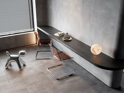 Modern Black Desk with Transparent Chairs Silver Dog Ornament Moon Shaped Lamp and Grey Wall 3d model