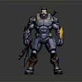 Futuristic Game Movie Character In Blue Orange Metallic Armor Holding Weapon Standing Pose