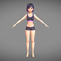 Woman In Black Sports Bra With Purple Trim And Black Shorts Standing Pose