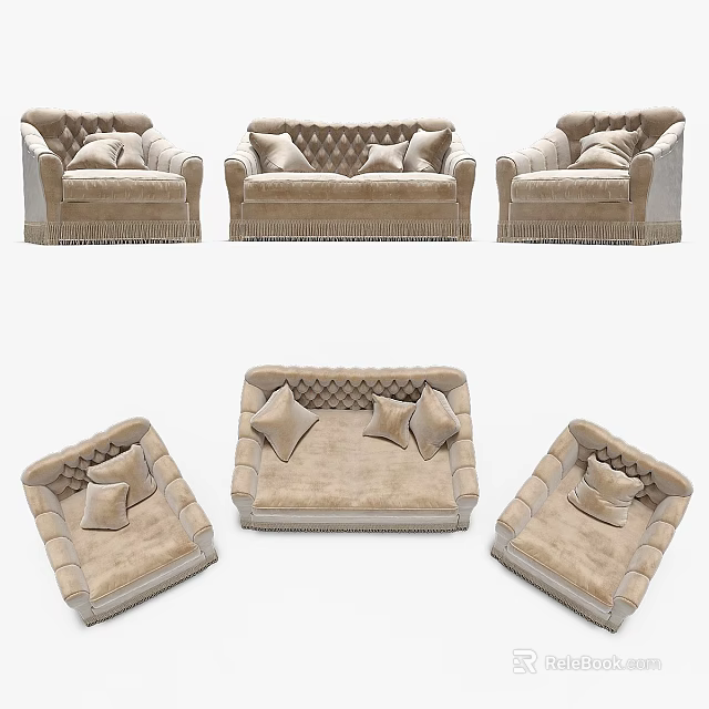 Beige Tufted Sofas With Pillows Displayed In Different Angles For Interior 3d model 