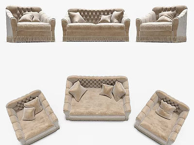 Beige Tufted Sofas With Pillows Displayed In Different Angles For Interior 3d model