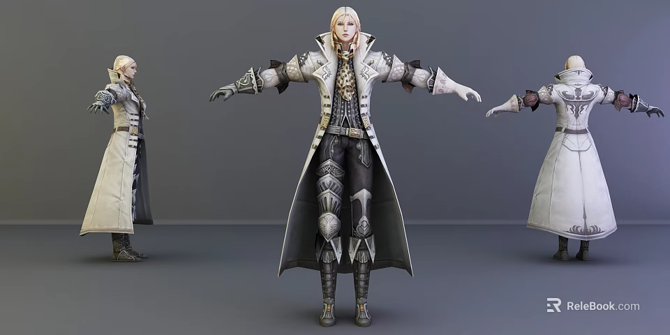 Game Movie Character Blonde Hair Long White Coat Metal Armor Black Pants Arms Outstretched Pose 3d model 