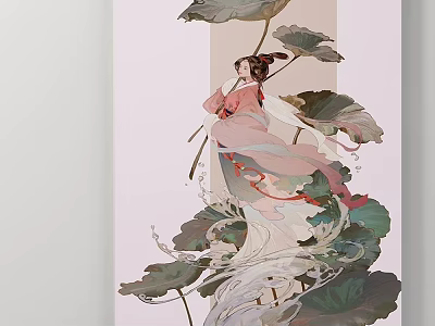 Traditional Chinese Landscape Painting Featuring Woman In Traditional Clothing And Lotus Leaves With Rippling Water 3d model