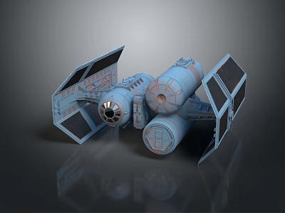 Futuristic 3D Model Spaceship With Blue Gray Exterior Cylindrical Body And Wing Structures 3d model