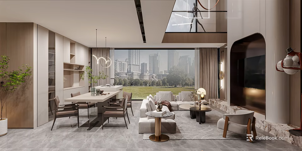 Duplex Living Room Modern Interior Design With Floor to Ceiling Windows Sofa and City View 3d model 
