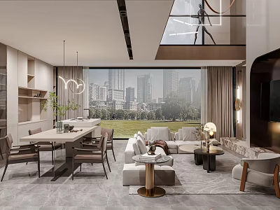Duplex Living Room Modern Interior Design With Floor to Ceiling Windows Sofa and City View 3d model