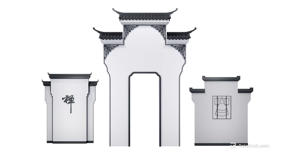 Traditional Chinese Building Exterior Wall with Classic Archway and Symmetrical Eaves Design 3d model 