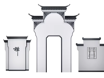 Traditional Chinese Building Exterior Wall with Classic Archway and Symmetrical Eaves Design 3d model