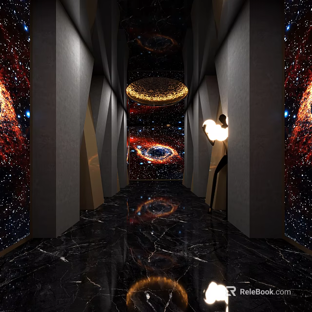 Starry Theme KTV Corridor With Marble Floor Chandelier And Mural Decor 3d model 