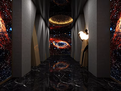 Starry Theme KTV Corridor With Marble Floor Chandelier And Mural Decor 3d model
