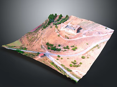 3D Model of Historic Building on Hillside With Surrounding Roads Trees and Green Areas 3d model
