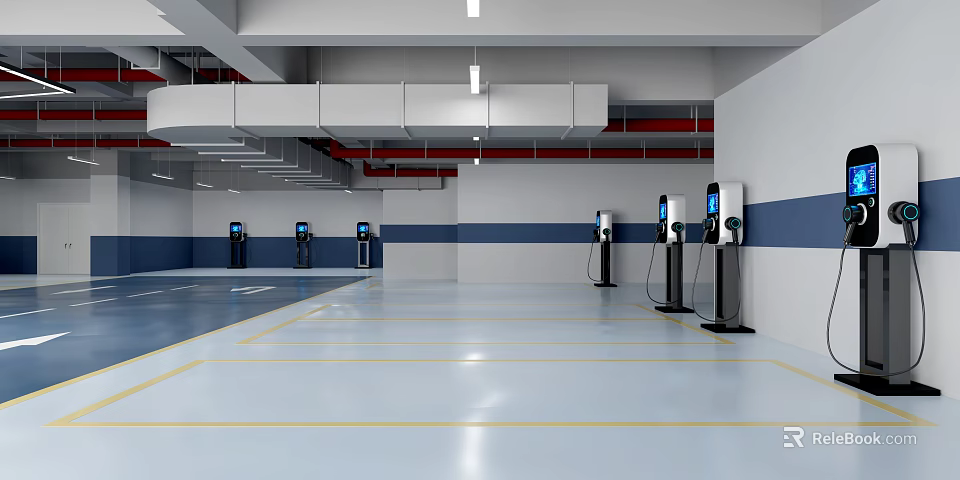 Modern Parking Lot With EV Charging Stations Yellow Striped Flooring And White Blue Walls 3d model 