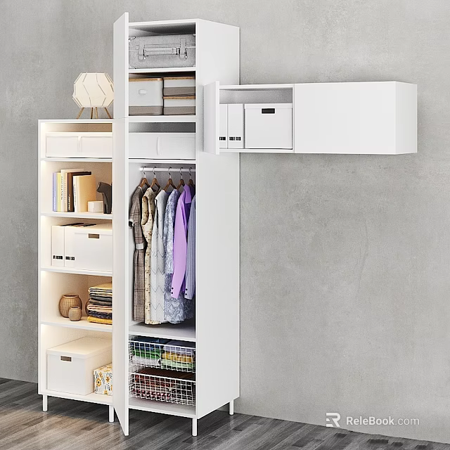 White Modern Multifunctional Storage Cabinet With Clothing Hanging Drawers And Open Shelves 3d model 