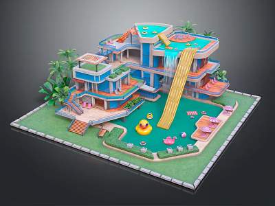 Cartoon Scene Featuring Multi story Building Swimming Pool Slide Rubber Duck Palm Trees And Lawn 3d model