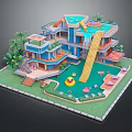 Cartoon Scene Featuring Multi story Building Swimming Pool Slide Rubber Duck Palm Trees And Lawn 3d model