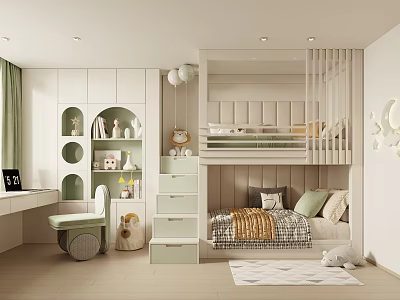 Kids Room Interior Design With Bunk Bed Stairs Desk Chair And Moon Wall Decor 3d model