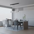 Modern Dining Table Set Featuring Gray Chairs Pendant Lights Window And Green Plant 3d model