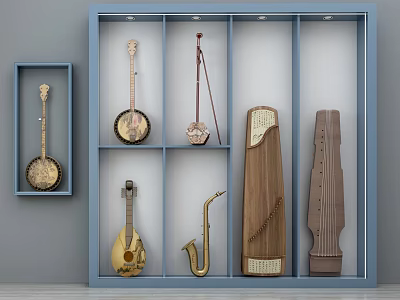 Various Musical Instruments Displayed On Blue Multi Tiered Shelf With Banjo Pipa Saxophone And Zither 3d model
