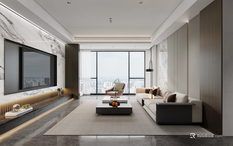 Modern Living Dining Room Interior With Floor To Ceiling Windows Sofa Coffee Table And View 3d model