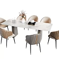 Modern Dining Table Set with Rectangular Marble Top and Six Stylish Upholstered Chairs 3d model