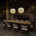 Elegant Restaurant Interior With Wooden Walls Three Hanging Pendant Lights Island Counter And Four Chairs