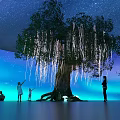 Tree Installation Art With Hanging Glowing Lines Starry Sky And Blue Gradient Background 3d model